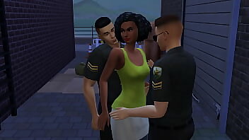 Ebony Barmaid's Threesome With Two Cops At The Back Alley